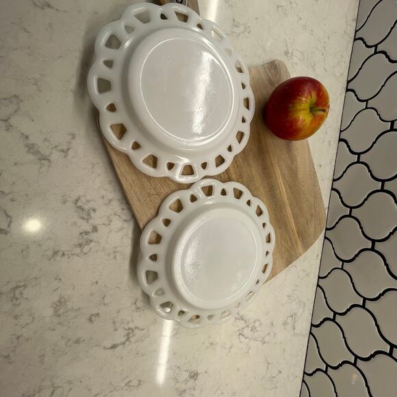 Hazel Atlas Lace Edge Milk Glass 8" Salad Plates, Mid Century, weddings set of 2 - Picture 3 of 4